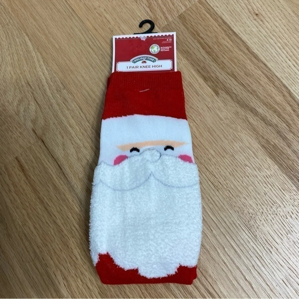 Santa Claus Knee High Socks Women’s New Sz 4-10 Christmas Red White